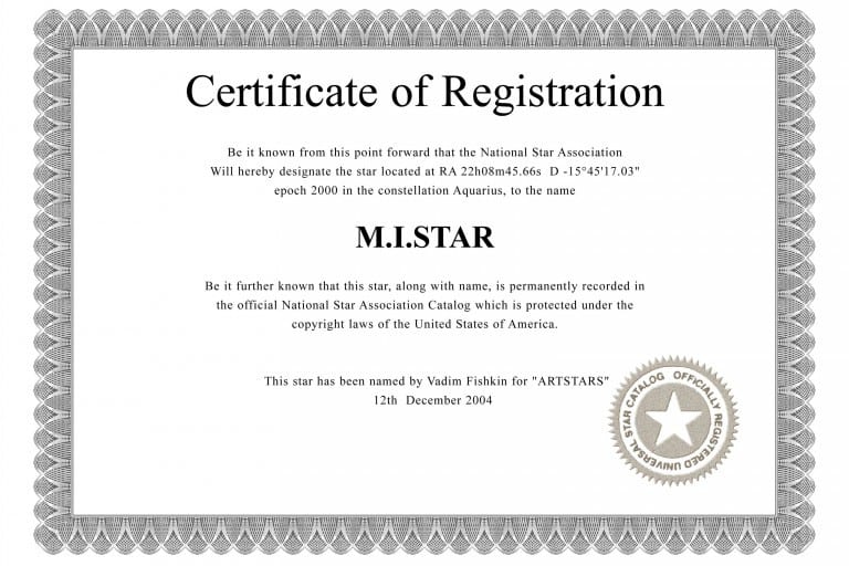 VADIM FISHKIN | M.I.STAR (certificate of registration), 2012 | BW print, framed | cm. 20 x 30 | Edition of 3 + AP