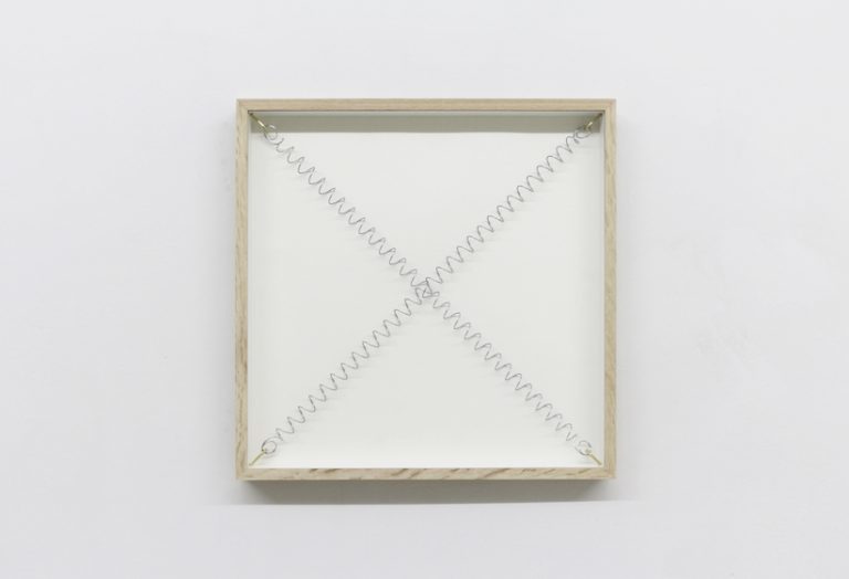 PIERRE-ETIENNE MORELLE | tight framed cross, 2017 | oak, brass, spring, | cm. 42 x 42 x 4
