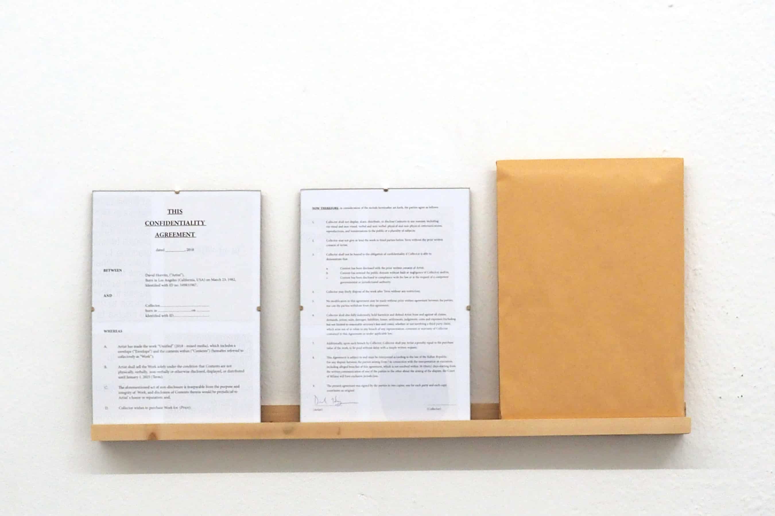 untitled, 2018 | glass, contract, envelope, wooden shelf | cm. 33 x 74 x 5